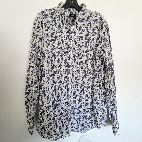 H&M Men's Ivory Blue Pattern Standard Cut Cotton Button Down Long Sleeve Shirt M - Picture 3 of 12